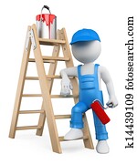 3d, לבן, אנשים., צייר, עם, סולם