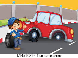A boy near the car accident at the road A boy near the car accident at the road