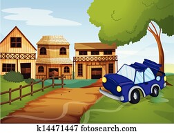 A car accident at the pathway going to the farm A car accident at the pathway going to the farm