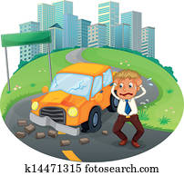 A car accident at the road near the high buildings A car accident at the road near the high buildings