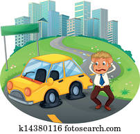 A car accident in the curve road near the empty signboard A car accident in the curve road near the empty signboard