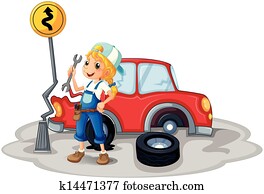 A female mechanic near the car accident A female mechanic near the car accident