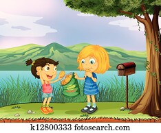 A girl sharing her bread near a mailbox A girl sharing her bread near a mailbox