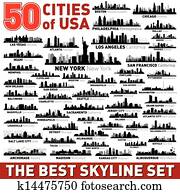 a, melhor, vetorial, horizonte cidade, silhuetas, jogo