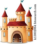 a, טירה, עם, שלושה, כחול, דגלים