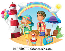 a, משפחה, בחוף, עם, a, מגדלור