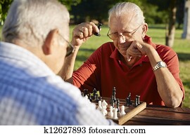 Active retired people, two senior men playing chess at park