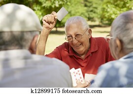 Active seniors, group of old friends playing cards at park