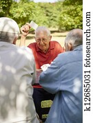 Active seniors, group of old friends playing cards at park