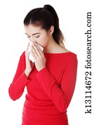 adolescente, mulher, com, alergia, ou, gelado