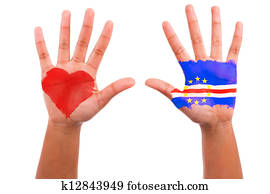 African hands with a painted heart and cape verdean flag, i love cape verde concept, isolated on white background