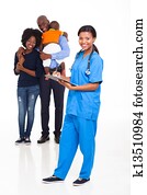 afrikanische amerikanische frau, krankenschwester, mit, familie