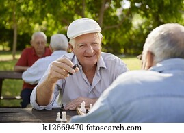 aktiv, pensioniert, ältere, zwei, alt, männer, spielenden schach, an, park