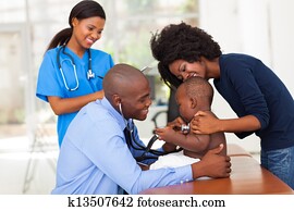 alegre, africano, mãe, e, dela, filho, em, escritório doutor, com, doutor masculino, e, femininas, enfermeira