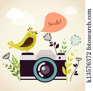 alt, alte kamera, mit, vogel alt, alte kamera, mit, vogel