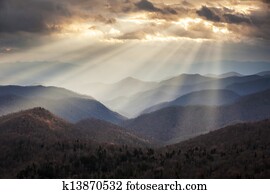 Appalachian Mountains Crepuscular Light Rays on Blue Ridge Parkway Ridges NC travel destination scenic in Western North Carolina