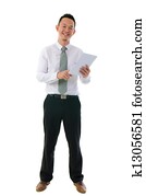 asian business man standing holding a digital touch screen tablet computer on white background.
