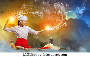Asian female cooking with magic Asian female cooking with magic