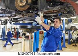 auto mechanic at car suspension repair work auto mechanic at car suspension repair work
