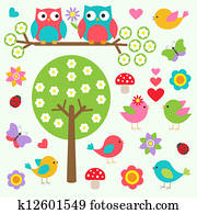 aves, y, búhos, en, primavera, bosque