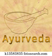 Ayurveda text and Mortar with Brown Ayurveda text and Mortar with Brown