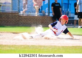 baseball pequeno liga, jogador, deslizamento, home.