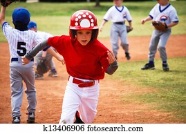 baseball pequeno liga, jogador, executando, bases