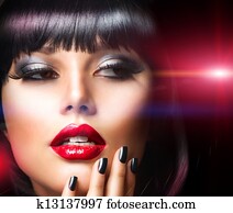 Beautiful Brunette Girl Portrait. Face. Makeup. Sensual Red Lips Beautiful Brunette Girl Portrait. Face. Makeup. Sensual Red Lips