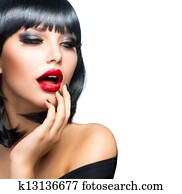 Beautiful Brunette Girl Portrait over White. Sensual Red Lips Beautiful Brunette Girl Portrait over White. Sensual Red Lips