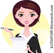 Beautiful Business woman with pen isolated on yellow background