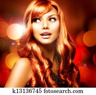 Beautiful Girl With Shiny Red Long Hair over Blinking Background 