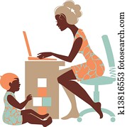 Beautiful silhouette of mother – freelancer with notebook and Beautiful silhouette of mother – freelancer with notebook and