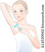 Beautiful young woman applying razor to the shaving armpit Beautiful young woman applying razor to the shaving armpit