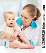 bebê, e, doutor, pediatrician., doutor, escuta, para, coração, com, s