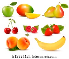 Big set of different fresh fruit and berries. Vector. Big set of different fresh fruit and berries. Vector.