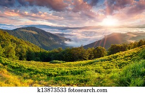 bonito, verão, paisagem, em, a, montanhas., amanhecer