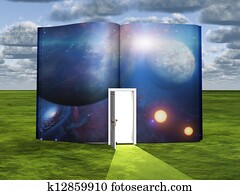 Book with science fiction scene and open doorway of light Book with science fiction scene and open doorway of light