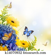 Bouquet from blue hydrangeas and butterfly, a flower background Bouquet from blue hydrangeas and butterfly, a flower background