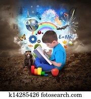 Boy Reading Book with Education Objects Boy Reading Book with Education Objects