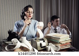 buchhalter, sekretärin, früher, frau, altmodisch, büro