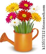 buntes, frisch, frühjahrsblumen, in, orange, bew?sserung, can., vektor, abbildung buntes, frisch, frühjahrsblumen, in, orange, bew?sserung, can., vektor, abbildung