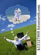 Businessman Dreaming Vacation Retirement Desk Green Field