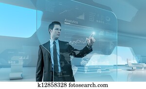 Businessman press graph future technology touchscreen interface