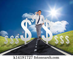 Businessman running on a road with dollar signs