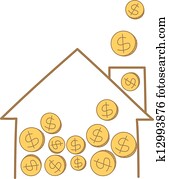 cartoon drawing of money coin falling on house frame
