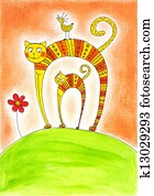 Cat and kitten, child's drawing, watercolor painting on paper Cat and kitten, child's drawing, watercolor painting on paper