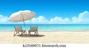 Chaise lounge and umbrella on sand beach.