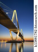 Charleston SC Arthur Ravenel Jr. Suspension Bridge over South Carolina Cooper River Sunset on spring evening