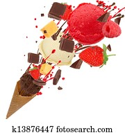 Chocolate ice cream with scoops in motion Chocolate ice cream with scoops in motion