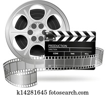 Cinema clap and film reel isolated Cinema clap and film reel isolated
